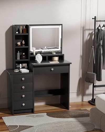 Vanity Desk, Makeup Table with Mirror and Lights, 90cm Black Dressing Table, Fiver Drawers thumbnail 2