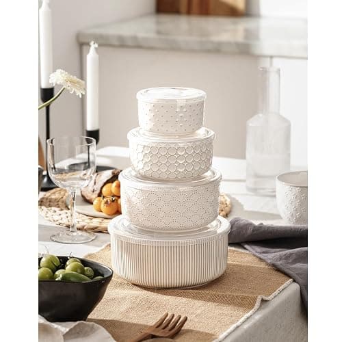 MIKIGEY Mixing Bowls with Lids Set of 4, Ceramic Nesting Bowls, Embossed Mixing Bowl Set for Food Storage, Prep Bowl, Gift, Microwave and Dishwasher Safe, 10/18/33/50 OZ, Off-White thumbnail 3