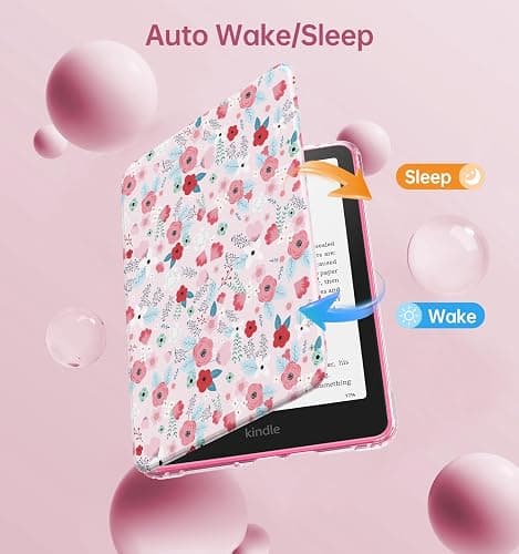 MoKo 360° Rotating Case for 7" Kindle Paperwhite 12th Generation 2024 & Kindle Colorsoft 2024/2025, Clear Back Detachable Magnetic Protective Adjustable Stand Cover with Auto Wake/Sleep, Spring Pink thumbnail 8