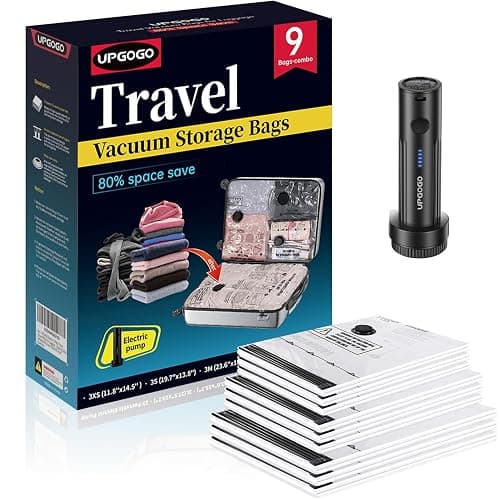 UPGOGO Travel Vacuum Bags for Luggage with Portable Electric Pump,Vacuum Seal Bags for Clothing,Packing Cubes Compression,Cruise Ship and Travel Essentials(Combo 9 Pack) - Image 1