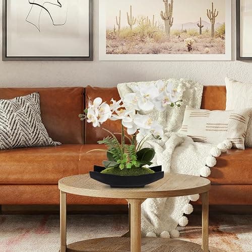 Briful Orchid Artificial Flowers 15in White Fake Orchid Silk Flowers with Black Pot Faux Phalaenopsis Arrangement for Home Office Room Table Centerpiece Modern Decor - Black White thumbnail 6