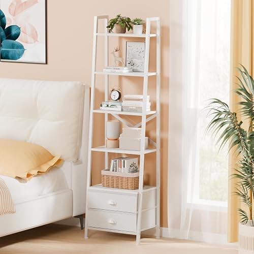 Furologee 5-Tier Ladder Shelf with 2 Drawers,Narrow Bookshelf Storage Shelves,Industrial Bookcase Freestanding Rack Units for Bedroom,Living Room,Bathroom,Home Office,Balcony,Wood Metal, White thumbnail 7