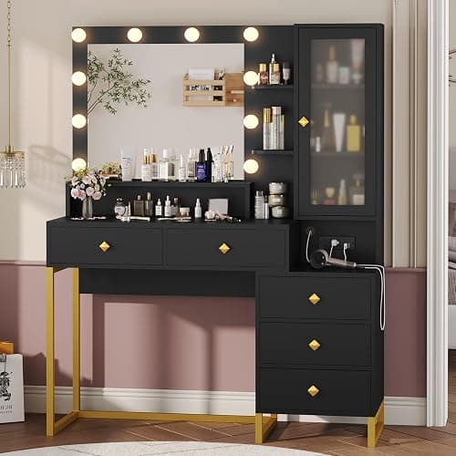 Tiptiper Large Makeup Vanity with Lights and Charging Station, Vanity Desk with Mirror and Lights, Vanity Table with Nightstand, Makeup Table with 5 Drawers & Storage Shelves, Black and Gold thumbnail 6