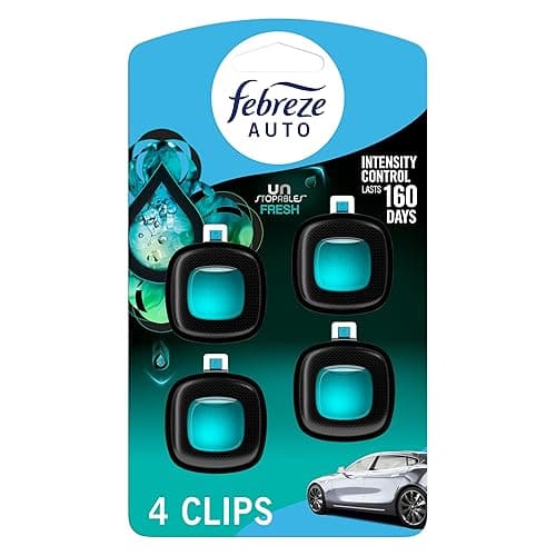 Febreze Car Air Freshener, Odor-Fighting Automotive Vent Clip, Scented Car Accessories, Long Lasting for Strong Odors, Unstopables Fresh Scent, .07 fl oz, 4 Count - Image 1
