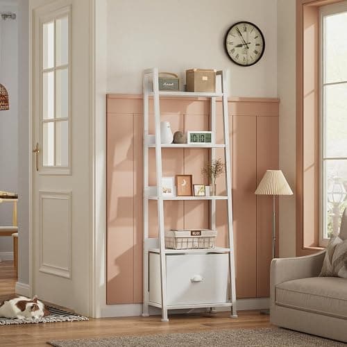 Furologee 5-Tier White Ladder Shelf, Ladder Bookshelf with Removable Drawer, Mordern Bookcase Storage Rack Organizer, Wood Metal Freestanding Storage Shelves for Living Room, Home Office, Bedroom thumbnail 2