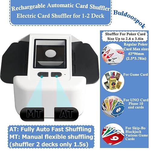 Mélangeur de Cartes Automatique Électronique 1-2 Jeux, 2000mAh USB Rechargeable mélangeur de carte pour UNO Poker Skyjo Blackjack Texas Hold'em, Portable Mélange silencieux et rapide, Auto/Manuel thumbnail 4