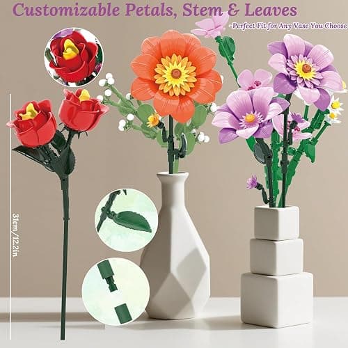 Loyratche Dual-Tone Vase Flowers Bouquet Building Set, Artificial Flower Block Toys for Adults & Women Botanicals Collection for Home and Office Decor (1278 PCS) thumbnail 3