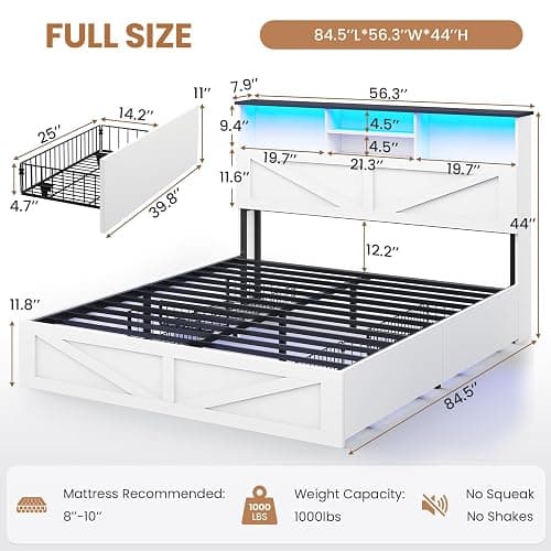 VIAGDO Farmhouse Bed Frame Full Size with Bookcase Storage Headboard, Charging Station and LED Lights, Wooden Full Bed Frame with 4 Drawers, Barn Door Design, No Box Spring Needed, No Noise, White thumbnail 2