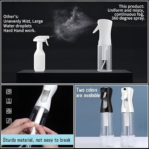 Continuous Hair Spray Bottle 6.8oz (200ml), 2 PCS Empty Fine Mist Spray Bottle for Hair Styling Cleaning Plants Skin Care Pets(Black & White) thumbnail 3