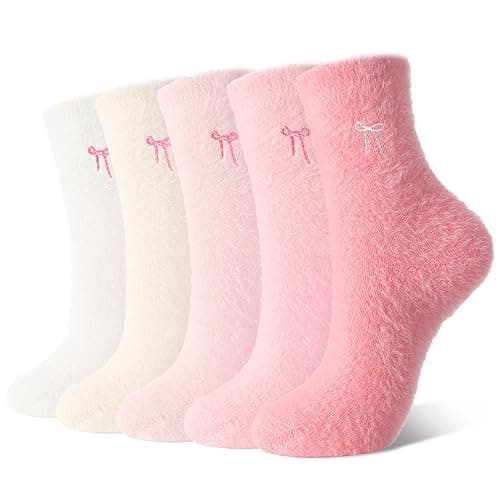 Jspupifip 5 Pairs Bow Fuzzy Socks for Women Cozy Soft Fluffy Slipper Sock Warm Winter Thick Home Sleeping Gradient Pink - Image 1