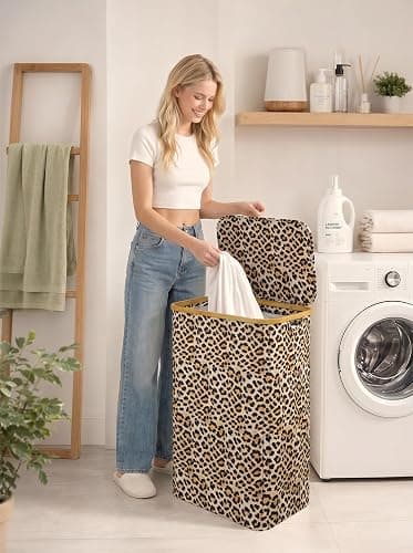 IEGrow Laundry Hamper with Lid,110L Laundry Basket with Bag,Leopard Print | Dirty Clothes Hamper Basket with Bamboo Handle for Clothes Towels thumbnail 2