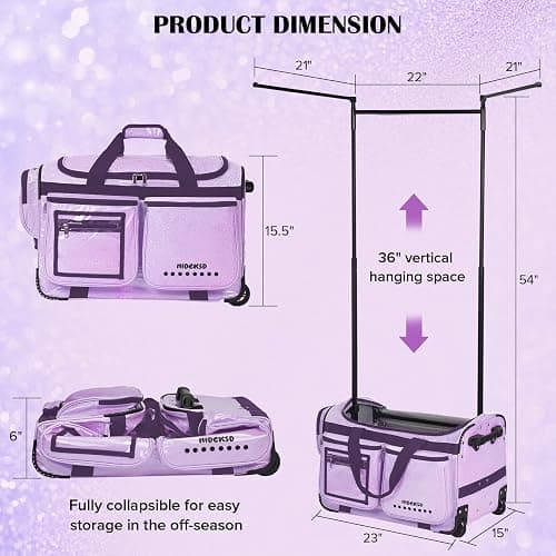 Dance Bag with Garment Rack & Curtain, 23" Glittering Rolling Dance Competition Duffel, Collapsible Dance Suitcase for Shows Cheer Recital Travel (Purple) thumbnail 7
