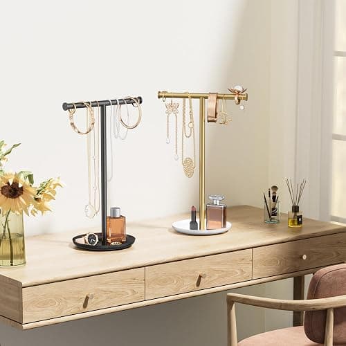 Jasopaco Gold Necklace Organizer Stand with Storage Tray - 12.6" Tall T-Shaped Jewelry Holder Stand for Bracelets, Earrings, Rings | Stylish Home & Vanity Décor for Women. thumbnail 8