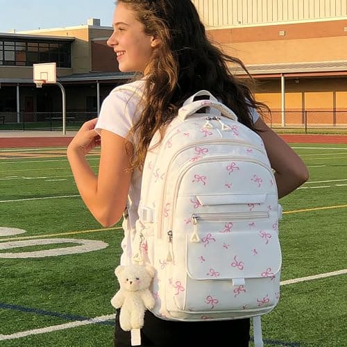 PRLINJSK Girls Backpack for College High Middle School Student, Cute Aesthetic Bookbag for Teens Women with Accessories, Beige Bow thumbnail 2