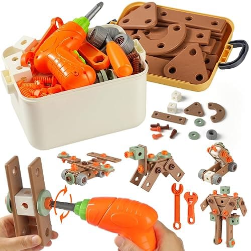 Pinshoon Kids Tool Set for 3-8, 158 PCS Construction Building Toys | Portable Tool Box & Electronic Toy Drill, STEM Building Playset, DIY Creative Shape, Non-Toxic ABS Plastic, Fine Motor Skills - Image 1