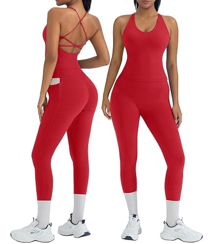 OMKAGI 2 Piece Workout Sets for Women Padded Workout Tops Booty Leggings with Pockets Gym Sets - Image 1