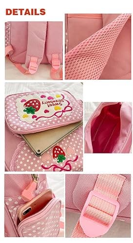 Lovemore Kawaii Embroidery Strawberry Backpack for Girl Teen Student School Bag Satchel Cute Pink Lace JK Backpack thumbnail 6