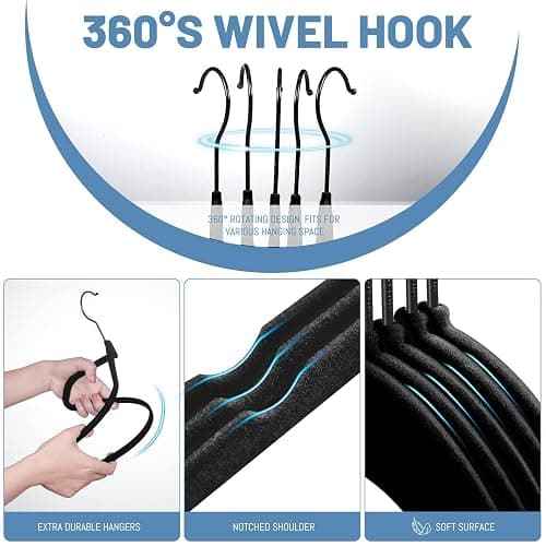 HOUSE DAY Black Velvet Hangers 60 Pack, Velvet Clothes Hangers Non Slip Felt Hangers, Heavy Duty Coat Hangers for Closet, Ultra Slim Hangers Black Hangers Space Saving Hangers for Suits, Shirt - 60 Pack - Black thumbnail 6
