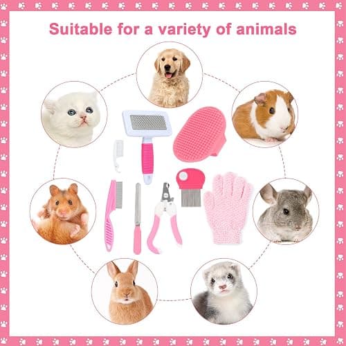 VCZONE Pink Small Animal Grooming Kit with Nail Clipper, Flea Comb, Shampoo Brush, Slicker Brush, Massage Glove for Rabbits thumbnail 7