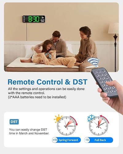 Digital Wall Clock, Digital Clock Large Display with Remote Control, Corded LED Alarm Clocks with Date, Week, Temp, Humidity, Auto DST, Countdown, for Living Room Bedroom Classroom Office (Green) thumbnail 7