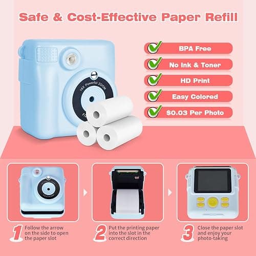 Phetium Kids Camera Instant Print, Christmas Birthday Gifts Toys for 5 6 7 8 9 10 Year Old Girls Boys,1080P Digital Video Cameras for Toddler, Creative Presents for Children, with Print Papers (Blue) thumbnail 5