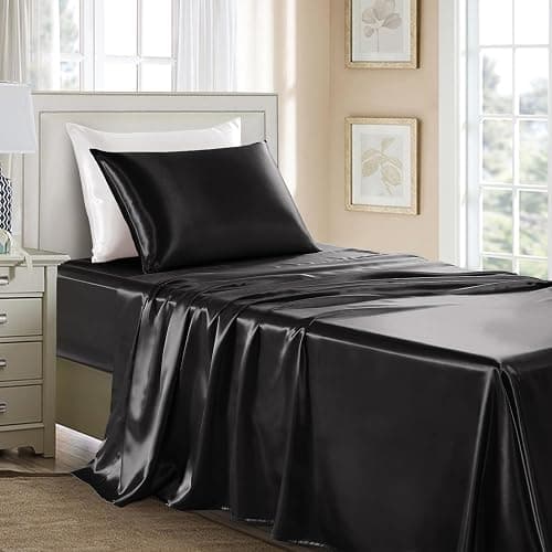 GOLAL Satin Sheets Twin Size - 3 Pieces Luxury Silky Soft Bed Sheets for Kids, Wrinkle-Free Black Satin Silk Sheet Set with 1 Deep Pocket Fitted Sheet, 1 Flat Sheet, 1 Pillow case - Image 1