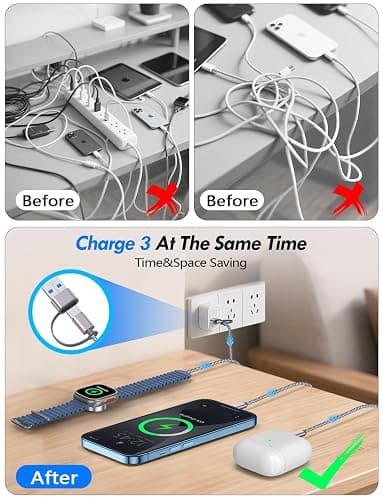 2Pack Multi Charging Cable Cord for Travel Vacation Essentials,Apple Watch Charger,iPhone 17 Charger,[3-in-2] USB A/Type C/Lightning Cable for iWatch,iPhone 17-11,Xbox Series X&S,Airpods,Home,Office thumbnail 5