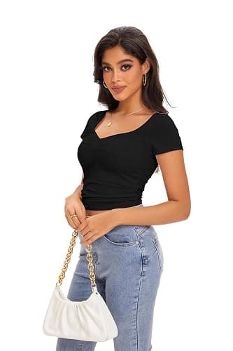 Cioatin Women Cute Sweetheart Neck Short Sleeve Crop Tops Ruched Summer Going Out T Shirt Y2K Clothes Tee Teens thumbnail 6
