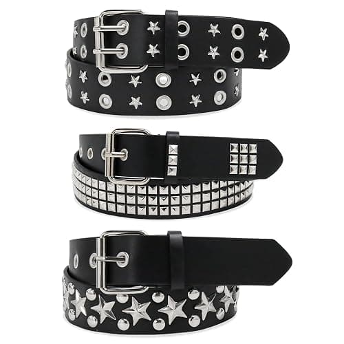 WQYILEAER Black Studded Belt, 3 Pcs Y2K Belt Star Goth EMO Punk Rock Double Grommet with Bright Pyramid Studded for Women Men - Image 1
