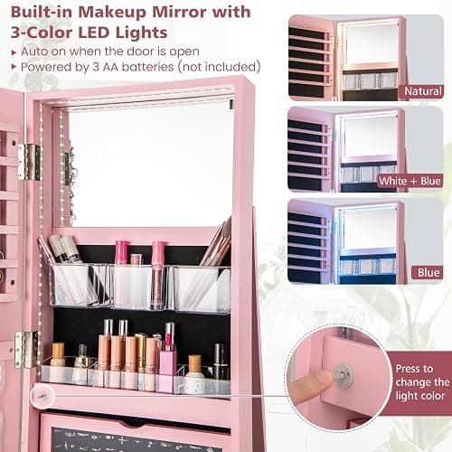 CHARMAID 360° Swivel Jewelry Armoire with Full Length Mirror, Rear Storage Shelves, Lockable Standing Jewelry Cabinet Organizer with Interior Vanity Mirror and 3-Color Lights (Pink) - Pink thumbnail 5