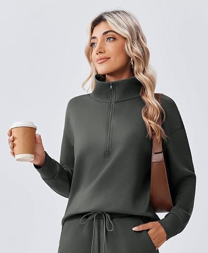 PINSPARK 2 Piece Sets for Women 1/2 Zip Sweatsuit Loose Fit Sweatshirt Straight Leg Pants 2025 Matching Outfit Fall Tracksuit thumbnail 4