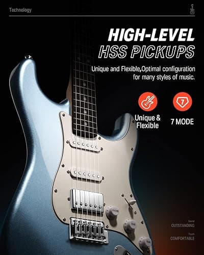 Donner DST-152R Electric Guitar, 39" Beginner Electric Guitar Kit, HSS Pickup with Coil Split, Guitar Starter Set with Amp, Bag, All Accessories, Metallic Ice Blue thumbnail 4