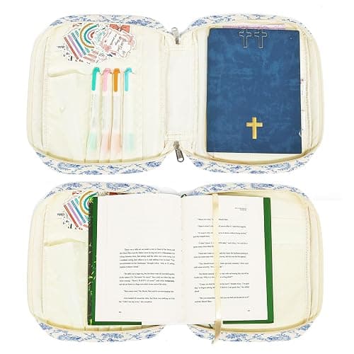 WOBAGMEN Bible Cover Case for Women,Large Bible Tote Bags Organizer Quilted Carrying Case for Girls,Bible Study Supplies Accessories Christian Gifts for Women (Vintage Blue, M) thumbnail 4