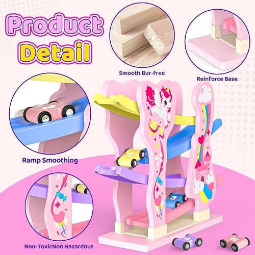 Toyzey Wooden Toys Cars Ramp Race Tracks, Unicorn Gifts for Girls Age 1 2 3 Year Olds Girl for 1 2 3 Year Olds Toddler Toy Age 1 2 Montessori Toys for 1 Year Old Birthday Gifts Baby Toy Pink thumbnail 5