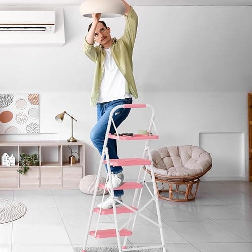 BONTEC 4-Step Ladder, Folding Step Stool, 600lbs Max Load, Pink | Tool Tray, Anti-Slip Pedals, Sturdy Steel, Lightweight Portable Design with Handrail for Home & Work Use thumbnail 2