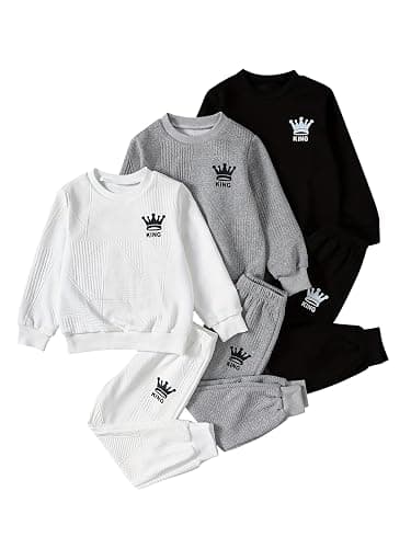 Fdqin 6 Pcs Boys Sweatsuit Letter Print Long Sleeve Pullover Sweatshirt Jogger Pant Set 3-14 Years - Image 1