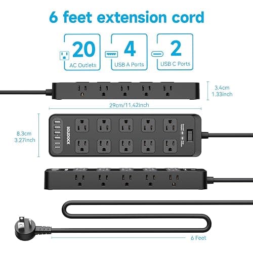Solidock 20 Outlet Power Strip with USB C,6Ft Extension Cord with Multiple Outlets, 2700 Joules Surge Protector,1875W/15A, ETL Listed for Home Office Dorm Gaming thumbnail 8