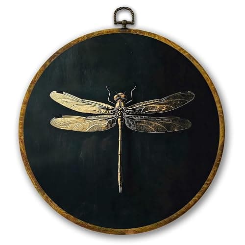 Mcehtle Moody Dragonfly Wall Art Decor, Vintage Dark Academia Insect Framed Canvas Prints 10x10, Cottagecore Minimalist Round Wall Hanging Artwork Decorations for Gallery Bedroom Living Room - Image 1
