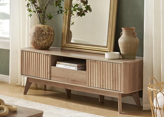 mopio Brooklyn Mid-Century Modern TV Stand, for TVs up to 50” / 59" Waveform Panel, Sleek Curved Profile with Adjustable Shelf and Sturdy Box Frame Leg (Golden Oak, 57") - Image 1