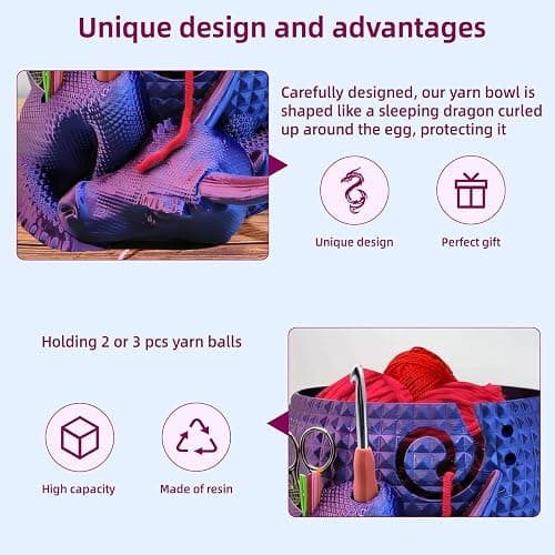 Fantasy Dragon and Egg Large Yarn Bowl for Crocheting Funny,Crochet Bowls for Yarn,Yarn Bowl for Knitting,Yarn Holder for Crocheting,Perfect Gifts for the Knitter,8.66inch×7.09inch×4.92inch(Purple) thumbnail 4