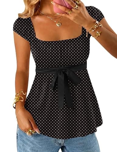 Rapbin Babydoll Tops for Women Peplum Baby Doll Shirts Y2k Square Neck Cap Sleeve Going Out Top 2026 Spring Summer Fashion - Image 1
