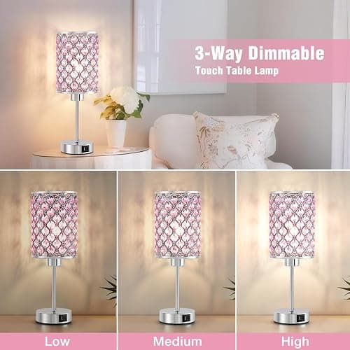 GyroVu Crystal Table Lamp, Pink Touch Lamp with USB C+A Ports, 3 Way Dimmable Lamp with Crystal Shade, Bedside Lamp Small Lamp for Girl Bedroom, Living Room(Buld Included) thumbnail 3