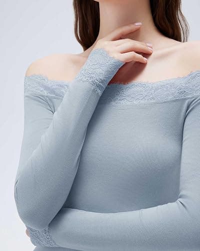SUUKSESS Cloud Cashmere Women Lace Off Shoulder Long Sleeve Shirt Basic Knit Top thumbnail 2