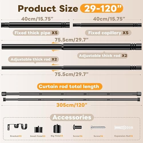 Abiglifty 33 to 120 Inch Double Curtain Rod, 1 Inch Telescoping Double Curtain Rods for Windows, Black Double Curtain Rod with Classic Cap Finial, Black thumbnail 2
