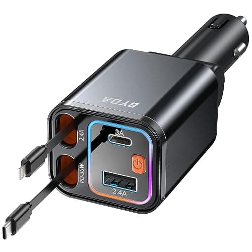 4 in 1 Retractable Car Charger,69W Fast Charging USB C for iPhone 16/15/14/13/12,iPad,Android,Galaxy,Pixel,Cigarette Lighter Adapter (Black, Light-ning+USB-C) - Image 1