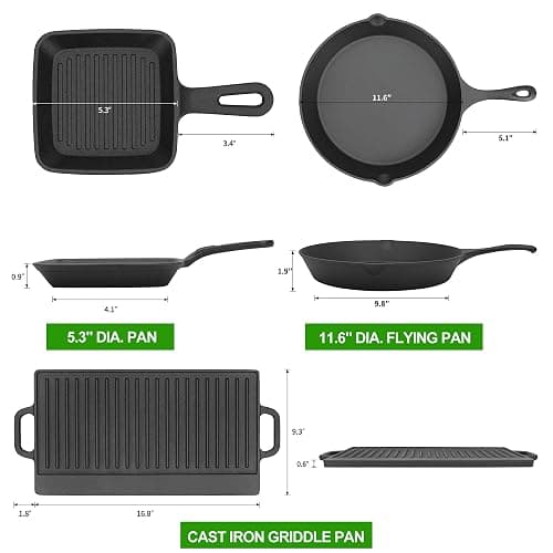 8 Piece Pre-Seasoned Dutch Oven Cooking Set Cast Iron Camping Kitchen Cookware Bakeware Skillets & Square Grill Pan w/Vintage Carrying Wood Box for Ourdoor Home BBQ Baking thumbnail 5