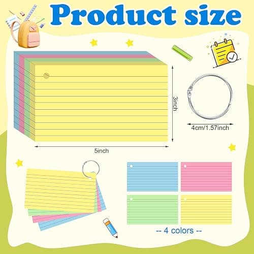 YAGUAO Colored Index Cards 3x5 Inch Heavyweight Flash Cards with Ring Lined Flashcards Note Cards for Studying School Supplies College, 200 Count thumbnail 2