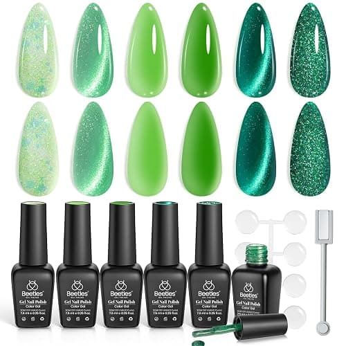 Beetles Green Cat Eye Gel Nail Polish Set, Enchanted Forest Glitter Gel | 6 Colors Mint Matcha Emerald Glitter Cat Eye Gel Polish, Summer Enchanted Forest UV LED Soak Off Nail Kit for DIY Salon Home thumbnail 8