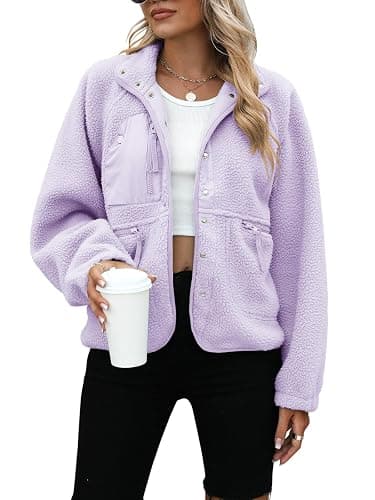 Yanekop Womens Fleece Jacket Fuzzy Long Sleeve Short Winter Coats Button Down Sherpa Jacket Outerwear with Pockets - Image 1