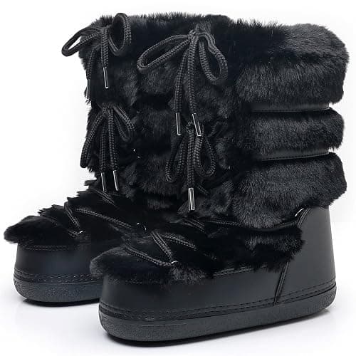 ZHENAIYISHENG Furry Faux Fur Boots for Women - Fuzzy Winter Snow Boots - Fluffy Black White Pink Fur Boots - Lace-up Mid-Calf Water-Resistant Platform Boots - Image 1